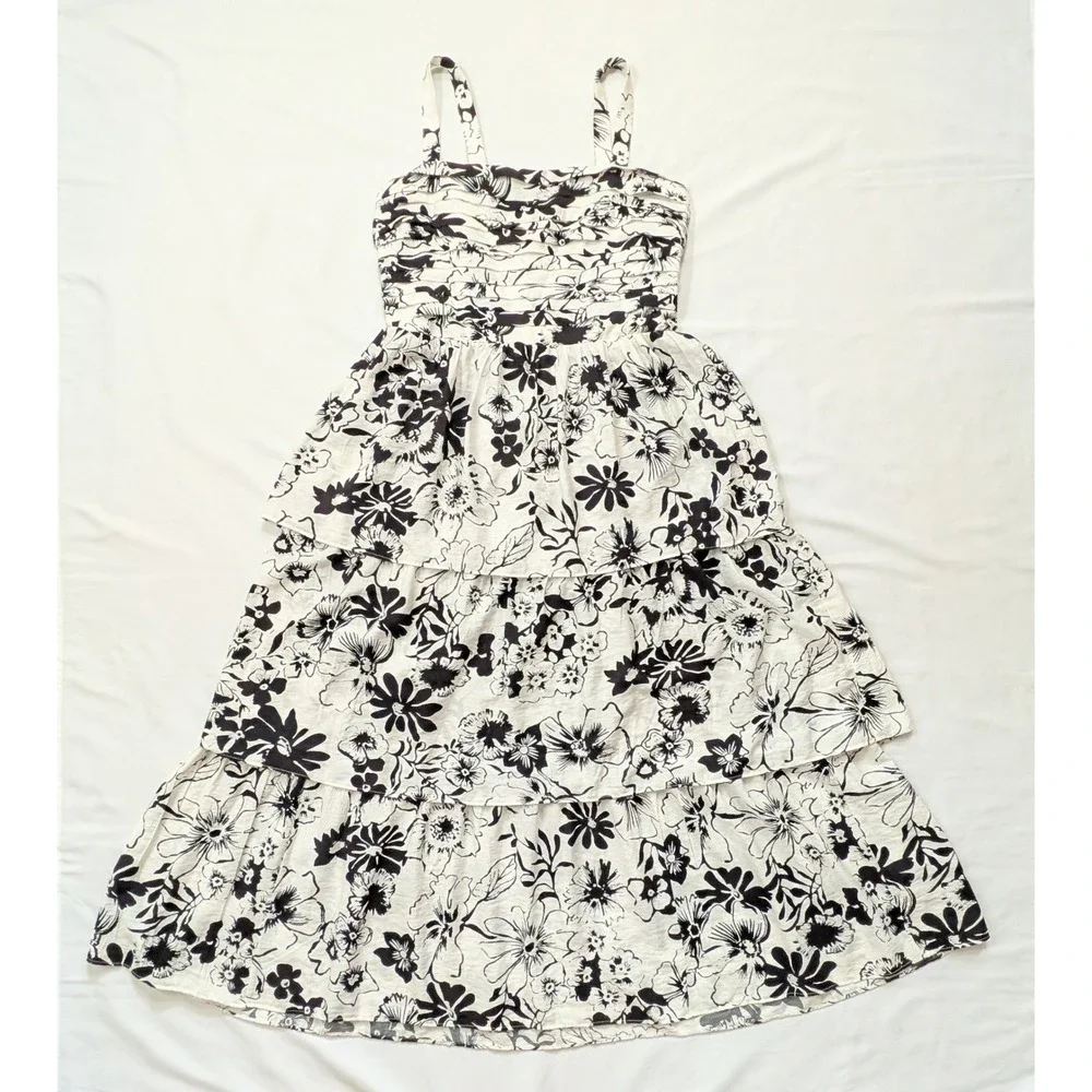 Abercrombie & Fitch Emerson Tiered Maxi Dress Black White Floral XL - NWT